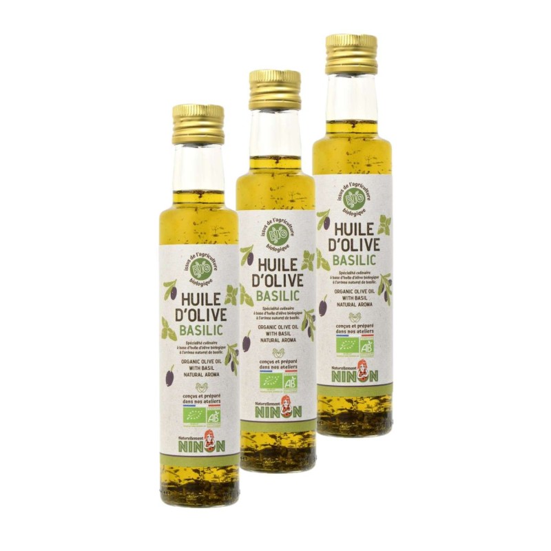 Lot 3x Huile d’olive extra vierge basilic BIO - Bouteille 250ml