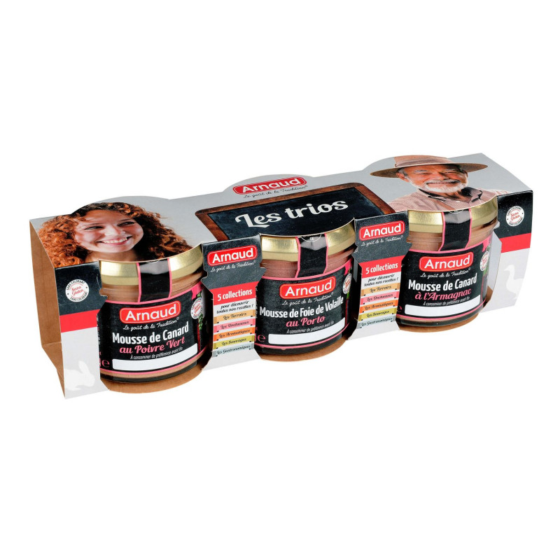 Mousse de canard au poivre vert + Mousse de foie de volaille au Porto + Mousse de canard à l'Armagnac - Bocal 3 x 90g