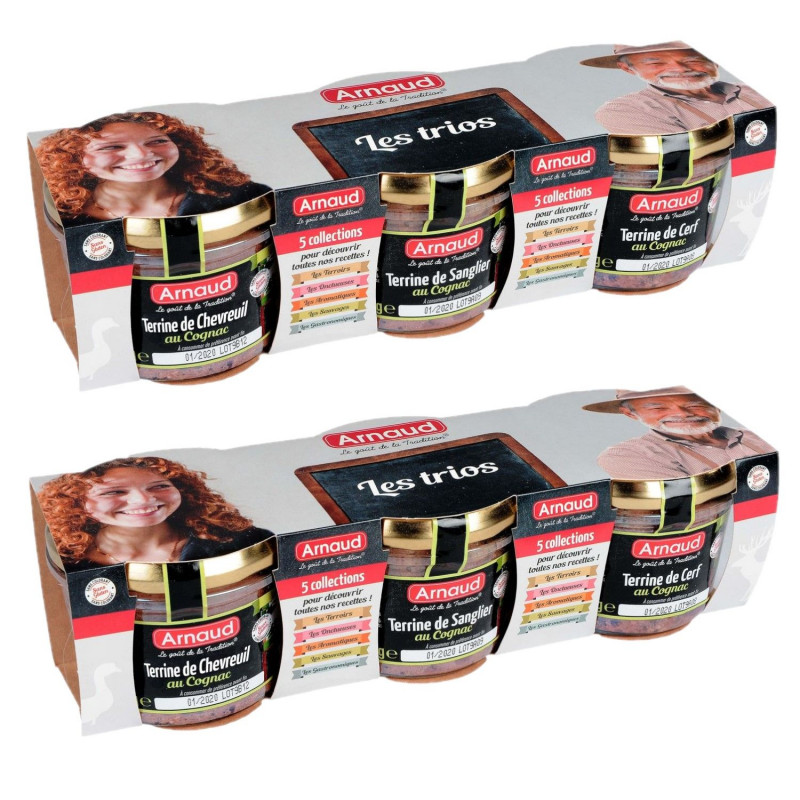 Lot 2x Assortiment de terrines au Cognac (chevreuil, sanglier et cerf) - Bocal 3 x 180g
