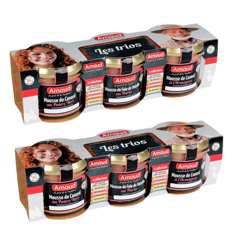 Lot 2x Mousse de canard au poivre vert + Mousse de foie de volaille au Porto + Mousse de canard à l'Armagnac - 3 x 90g