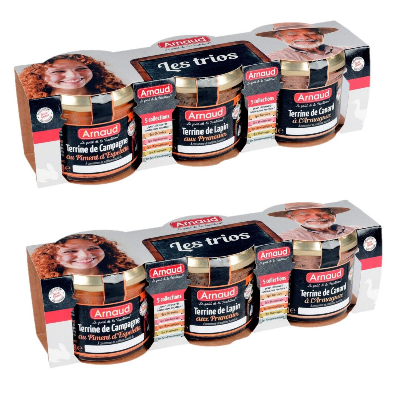 Lot 2x Terrine de campagne au piment d'Espelette + Terrine de lapin aux pruneaux + Terrine de canard à l'Armagnac - 3 x 90g