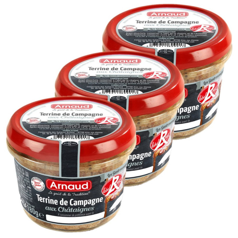 Lot 3x Terrine de campagne aux châtaignes - Label Rouge - Bocal 180g