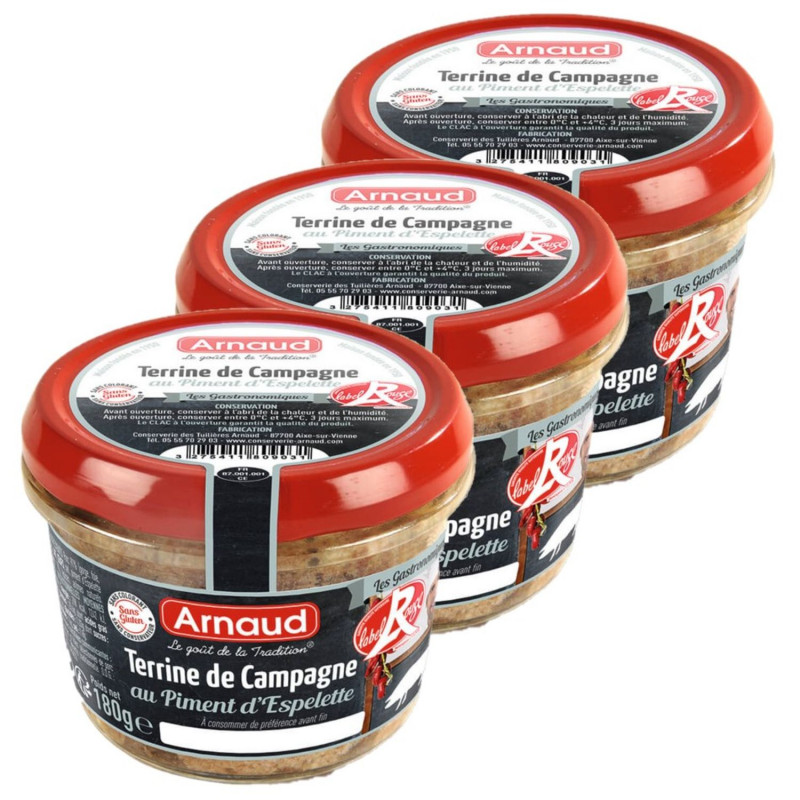 Lot 3x Terrine de campagne au piment d'Espelette - Label Rouge - Bocal 180g