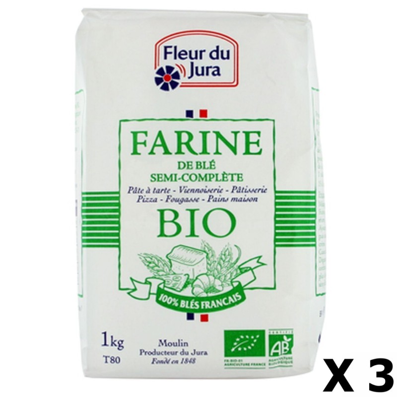 Lot 3x Farine T80 semi-complète BIO 100% blés français - Fleur du