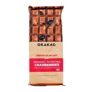 Chocolat Lait Amandes, Noisettes, Cranberries  - Okakao - tablette 180g