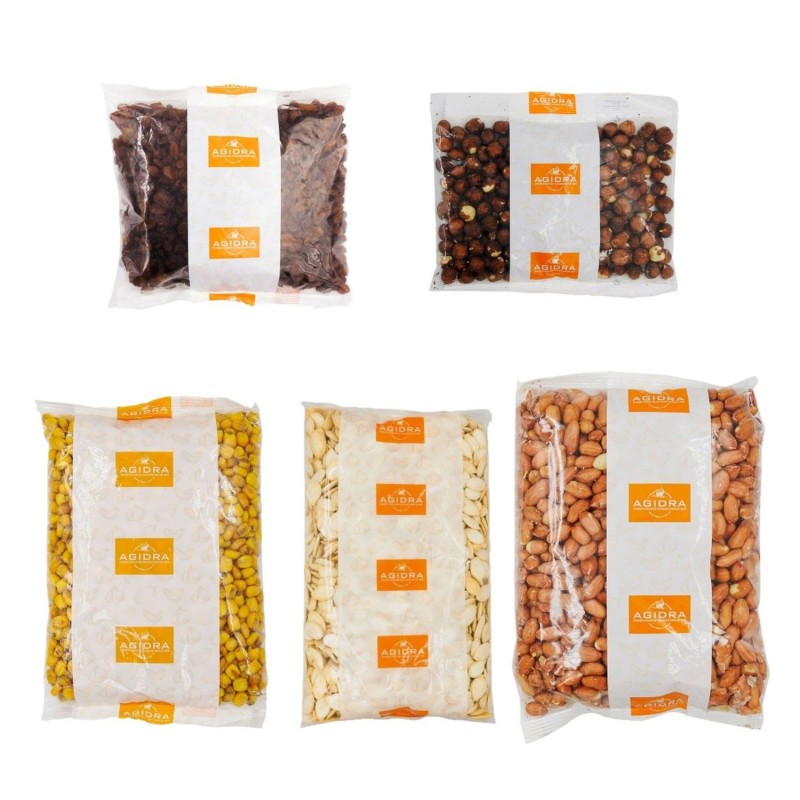 Mélange pour apéritifs : maïs grillés, graines de courges, arachides brunes, noisettes, raisins secs