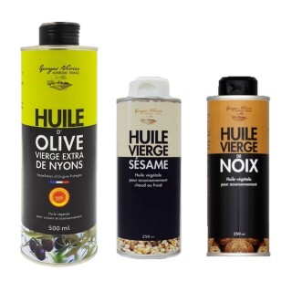 Assortiment d'huiles Rhône Alpes - Auvergne : sésame, noix, olive
