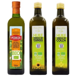 Assortiment d'huiles Bio : tournesol, colza, olive